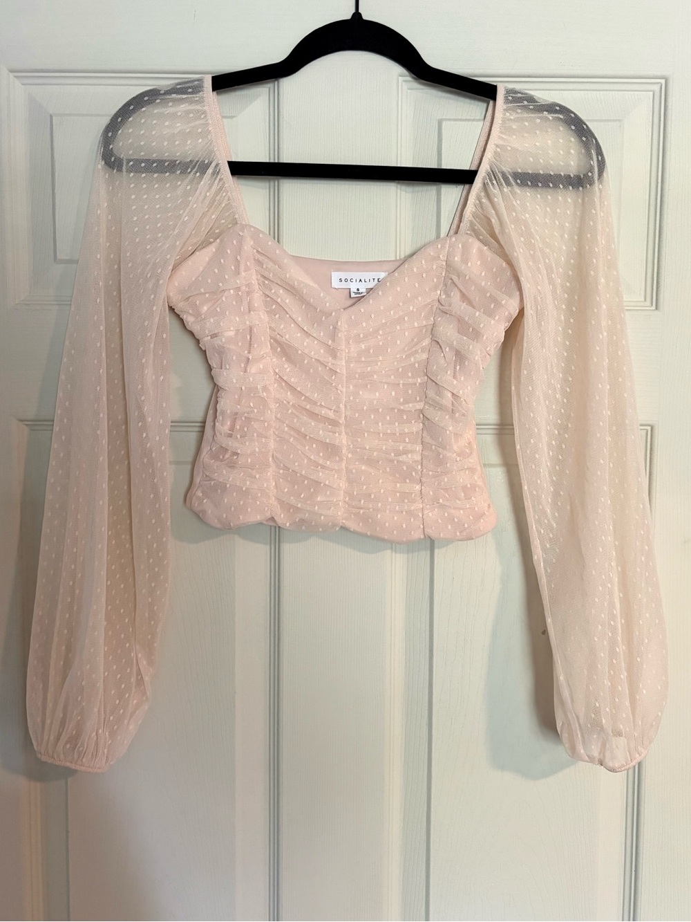 Socialite Pale Pink Sheer Long-Sleeve Ruched Crop Top